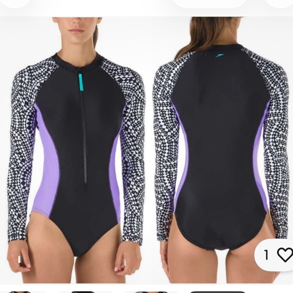 Speedo Women's Swimsuit Long Sleeve One Piece Rash Guard Power Flex Eco Size M - Picture 2 of 9